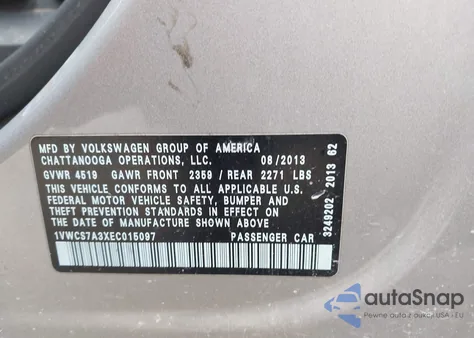 2014 Volkswagen Passat 1.8T Sel Premium из США, поврежденный, VIN 1VWCS7A3XEC015097